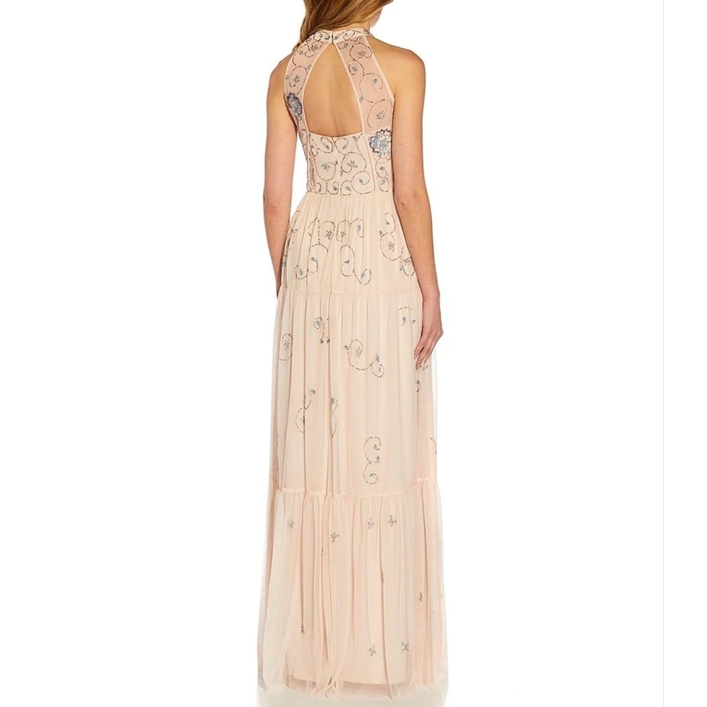 Adrianna Papell Sleeveless Halter Neck Beaded Mesh Keyhole Back Detail - Picture 2 of 12